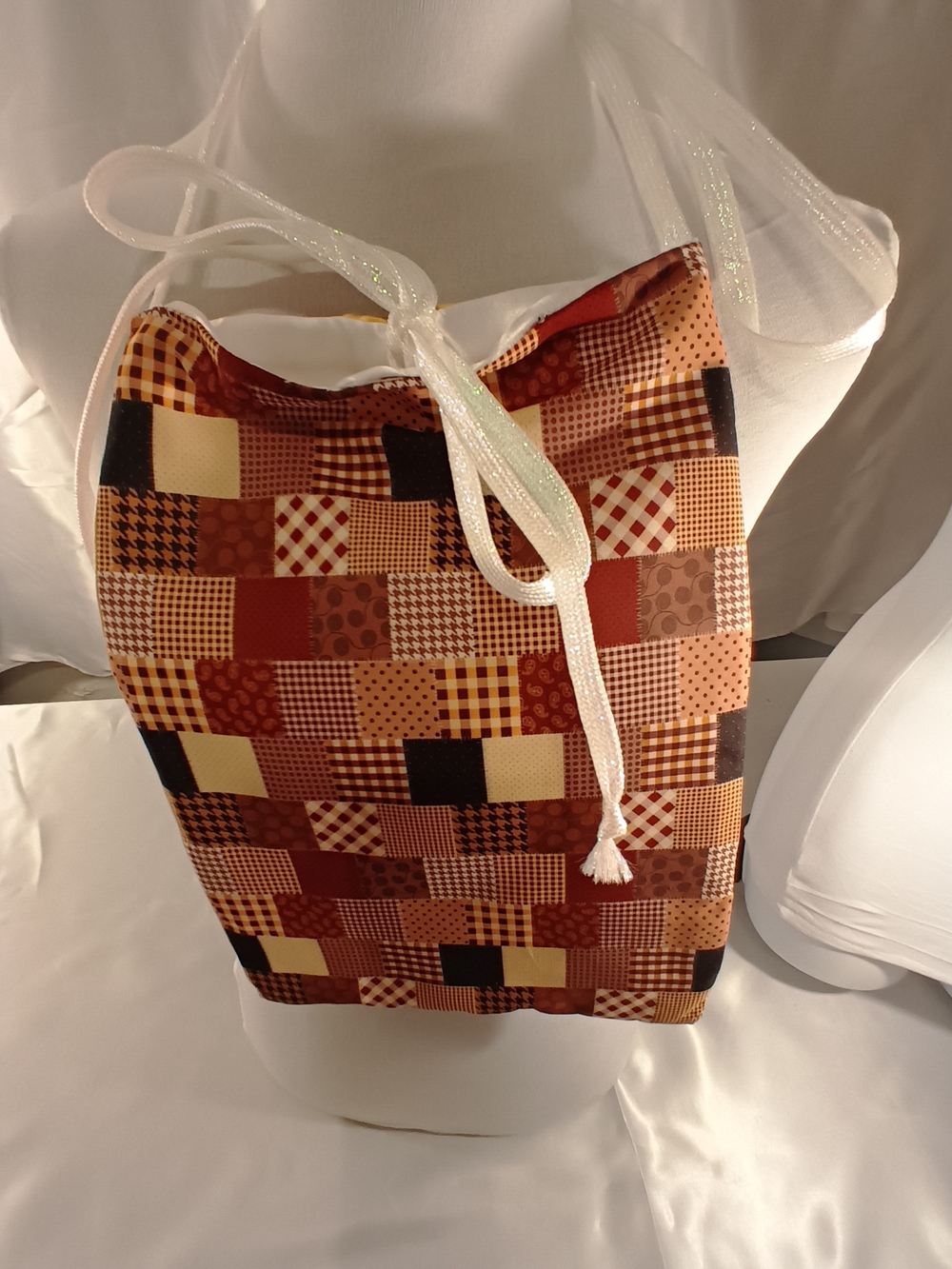 Patchwork Drawstring Shoulder Bag - Brown Multi